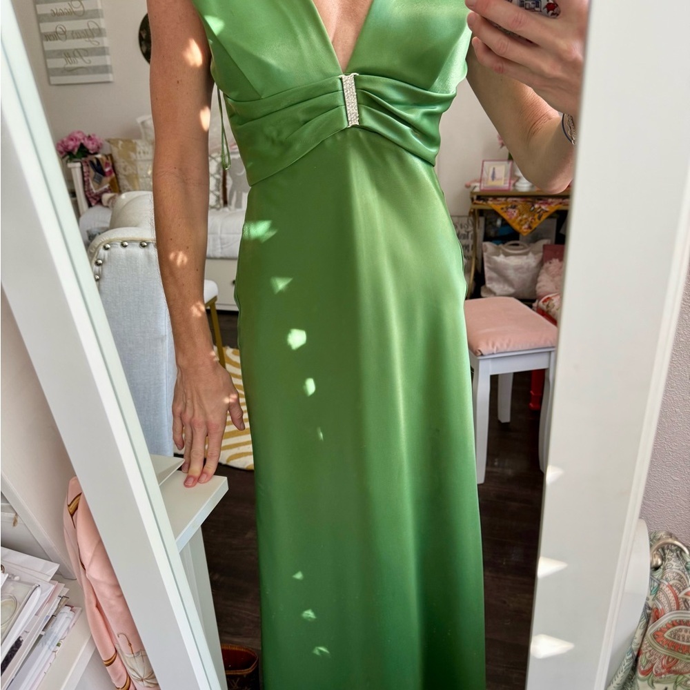 JS Collections | Dresses | Peridot Green Satin Maxi Dress Deep V Ruched Formal Prom Wedding Guest